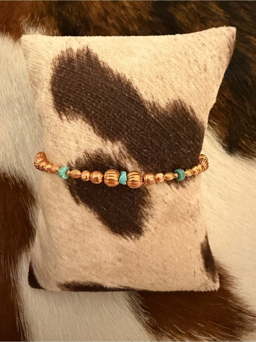 ❤️ Native American Artisan Heishi Turquoise Beads & Copper Pearls Adj Bracelet